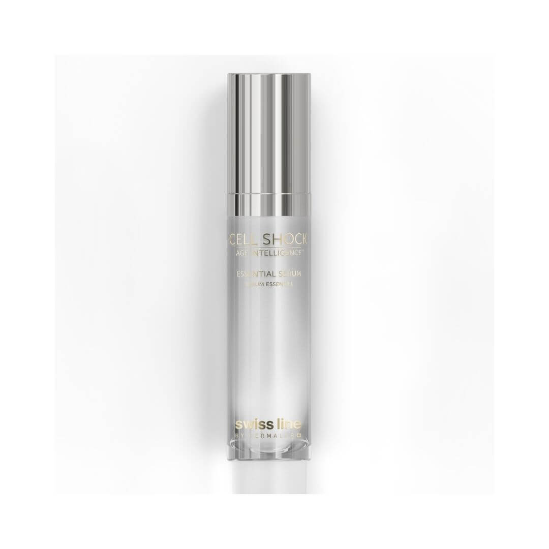Sérum Essentiel Cell Shock de Swissline, soin visage anti-âge Age Intelligence en flacon argenté sur fond clair.