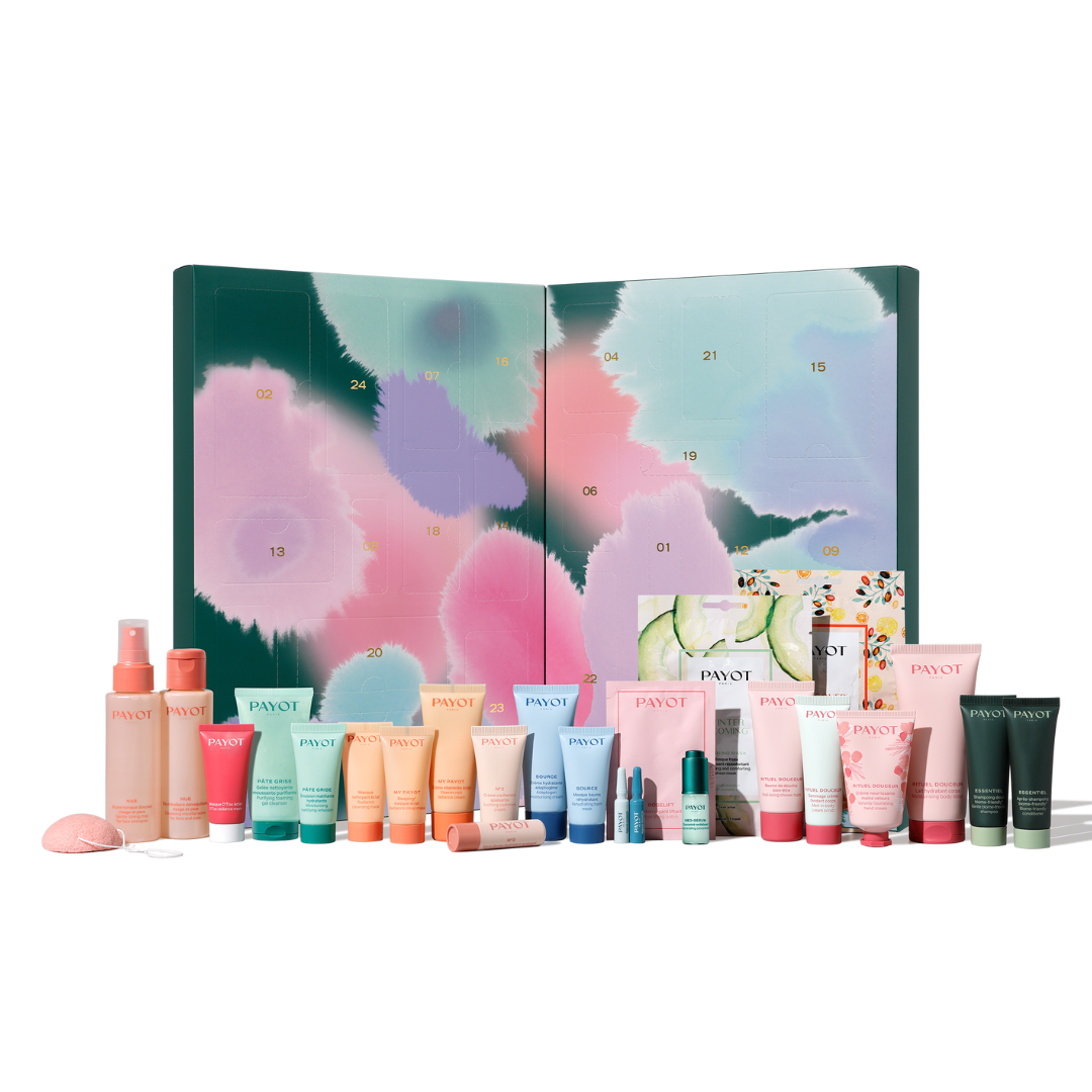 Calendrier de l’Avent PAYOT avec 24 soins visage et corps en formats découverte pour une routine beauté complète.