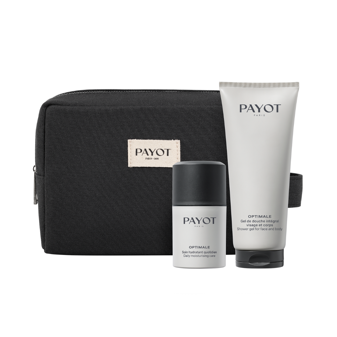Coffret PAYOT Optimale avec trousse noire, soin hydratant quotidien et gel douche visage et corps pour homme.