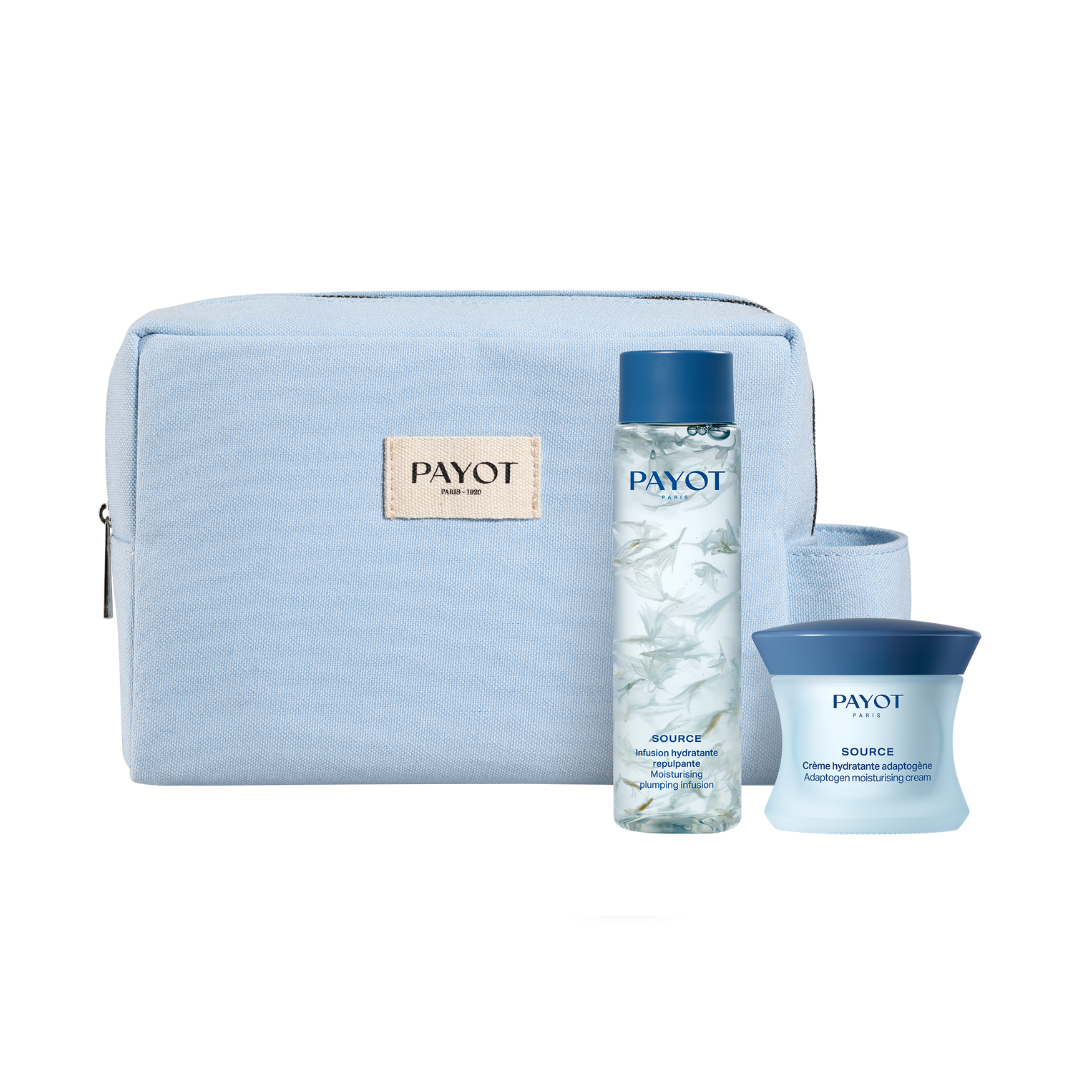 Coffret PAYOT Source avec trousse bleue, crème hydratante et infusion repulpante pour une peau douce et éclatante.