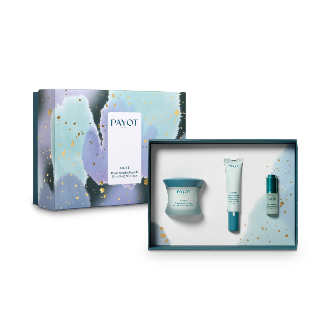 Coffret PAYOT Lisse ouvert avec crème, sérum et soin ciblé pour lisser rides et redonner éclat à la peau.
