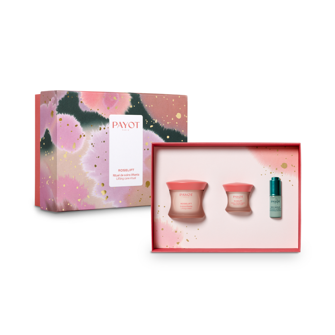 Coffret PAYOT Roselift ouvert avec crème, soin contour yeux et sérum pour raffermir et lisser la peau.