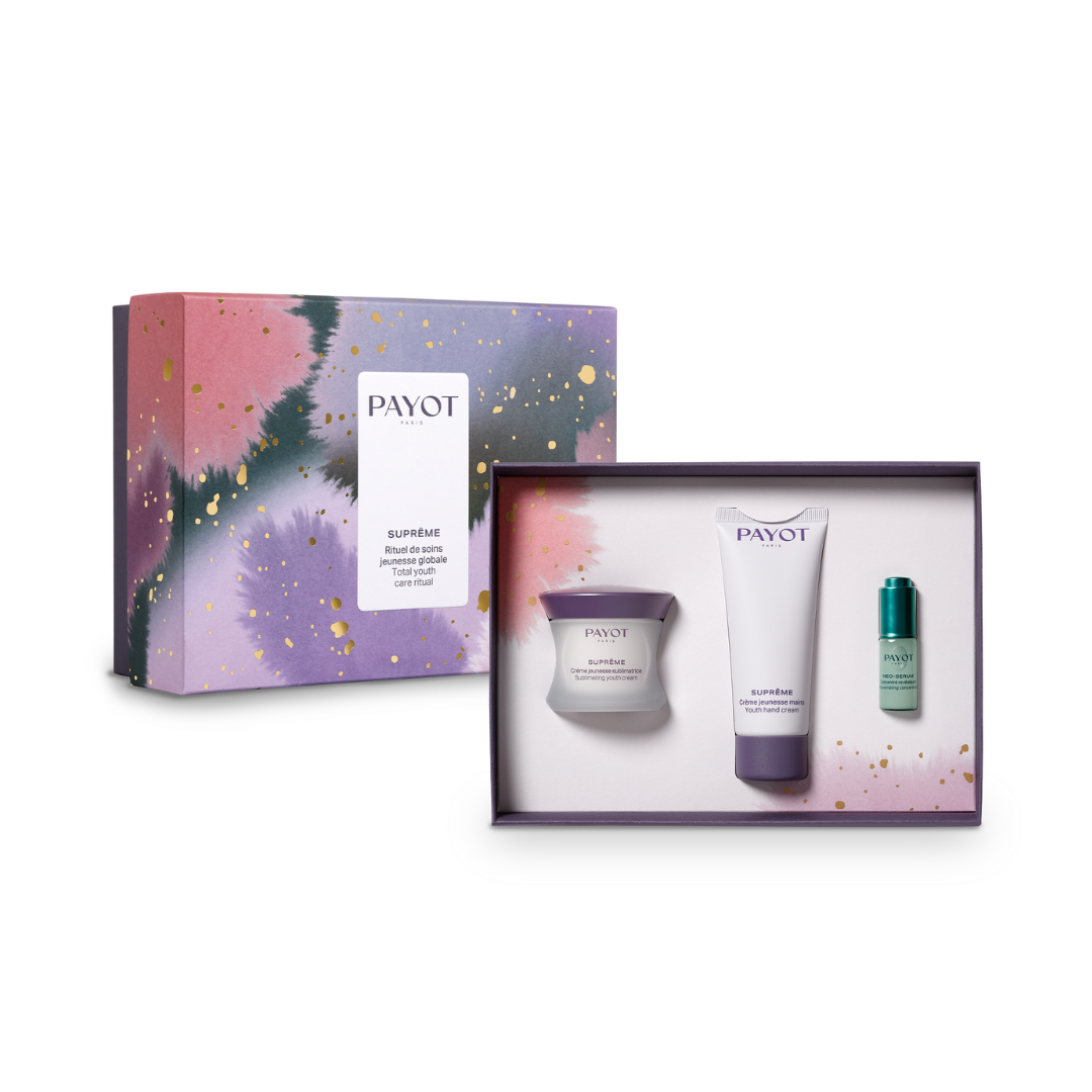 Coffret PAYOT Suprême ouvert avec crème, soin mains et sérum pour jeunesse, fermeté et éclat de la peau.