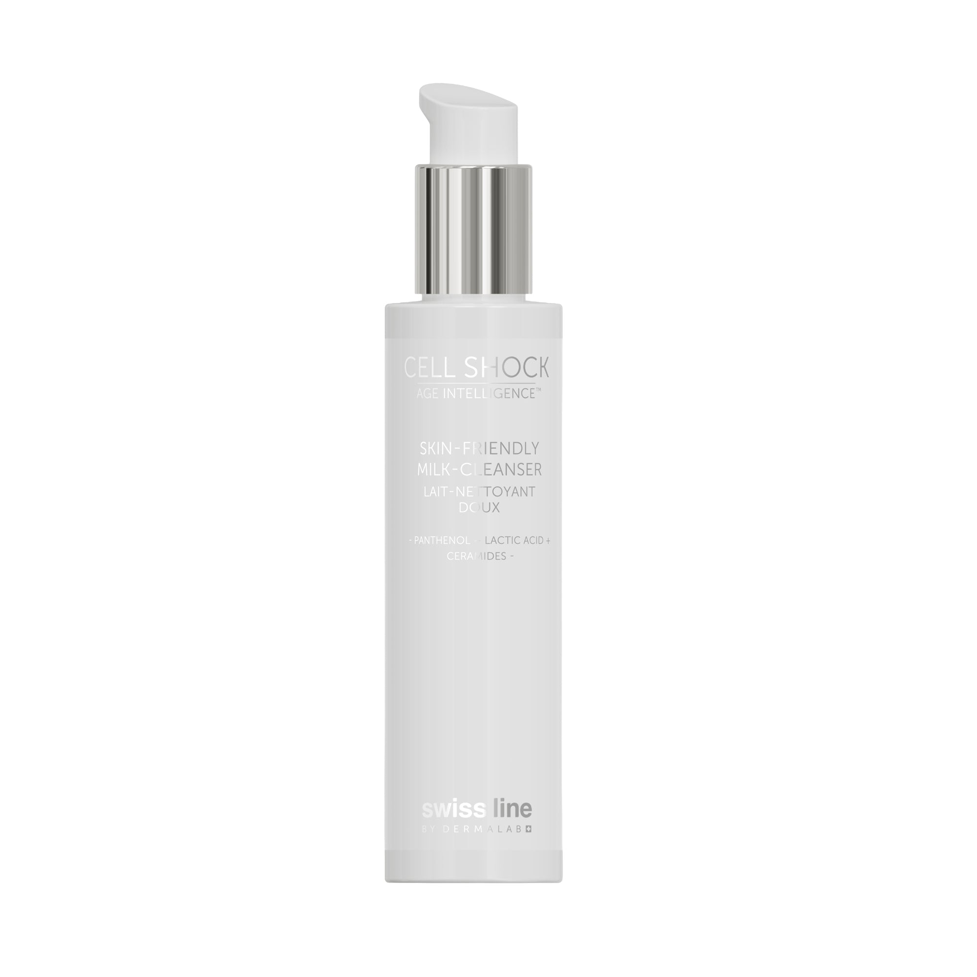 Lait Nettoyant Doux Cell Shock Age Intelligence Swiss Line, nettoyant visage au panthénol, acide lactique et céramides – boutique en ligne Concept Beauté.
