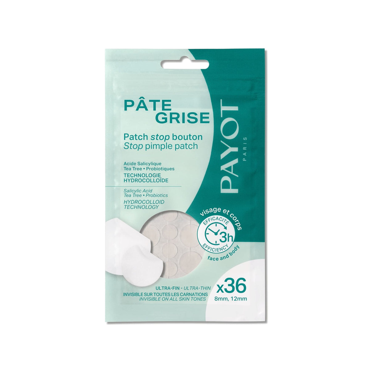 36 Patchs Stop Bouton Pâte Grise PAYOT hydrocolloïdes pour visage et corps, disponibles sur la boutique en ligne de Concept Beauté.