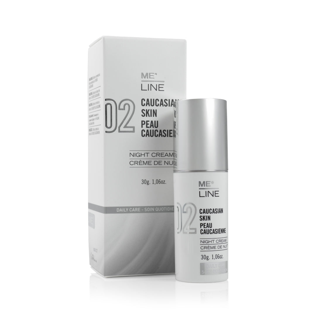 Crème de nuit ME LINE Peau Caucasienne 02, soin régénérant et éclaircissant pour un teint uniforme et éclatant.