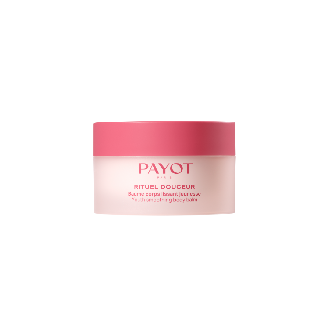 Image du Baume Corps Lissant Jeunesse Rituel Douceur de PAYOT Paris, présenté dans un pot rose et blanc au design épuré. Ce soin corporel anti-âge est enrichi en bakuchiol, AHA de figue et poudre de quartz pour lisser la peau, améliorer son grain et restaurer sa fermeté. Idéal après une épilation pour apaiser, nourrir et révéler une peau visiblement plus belle. Un incontournable pour les femmes qui souhaitent prendre soin de leur corps avec efficacité et douceur.