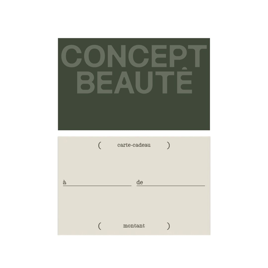 Carte-cadeau Concept Beauté dans des tons olive et beige, offerte pour des soins esthétiques ou médico-esthétiques.