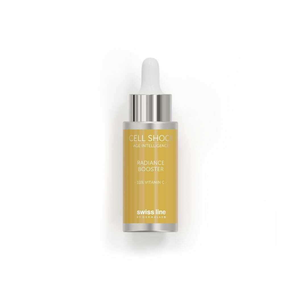 Sérum Radiance Booster Cell Shock Age Intelligence de Swissline, soin éclat à la vitamine C pour un teint lumineux.