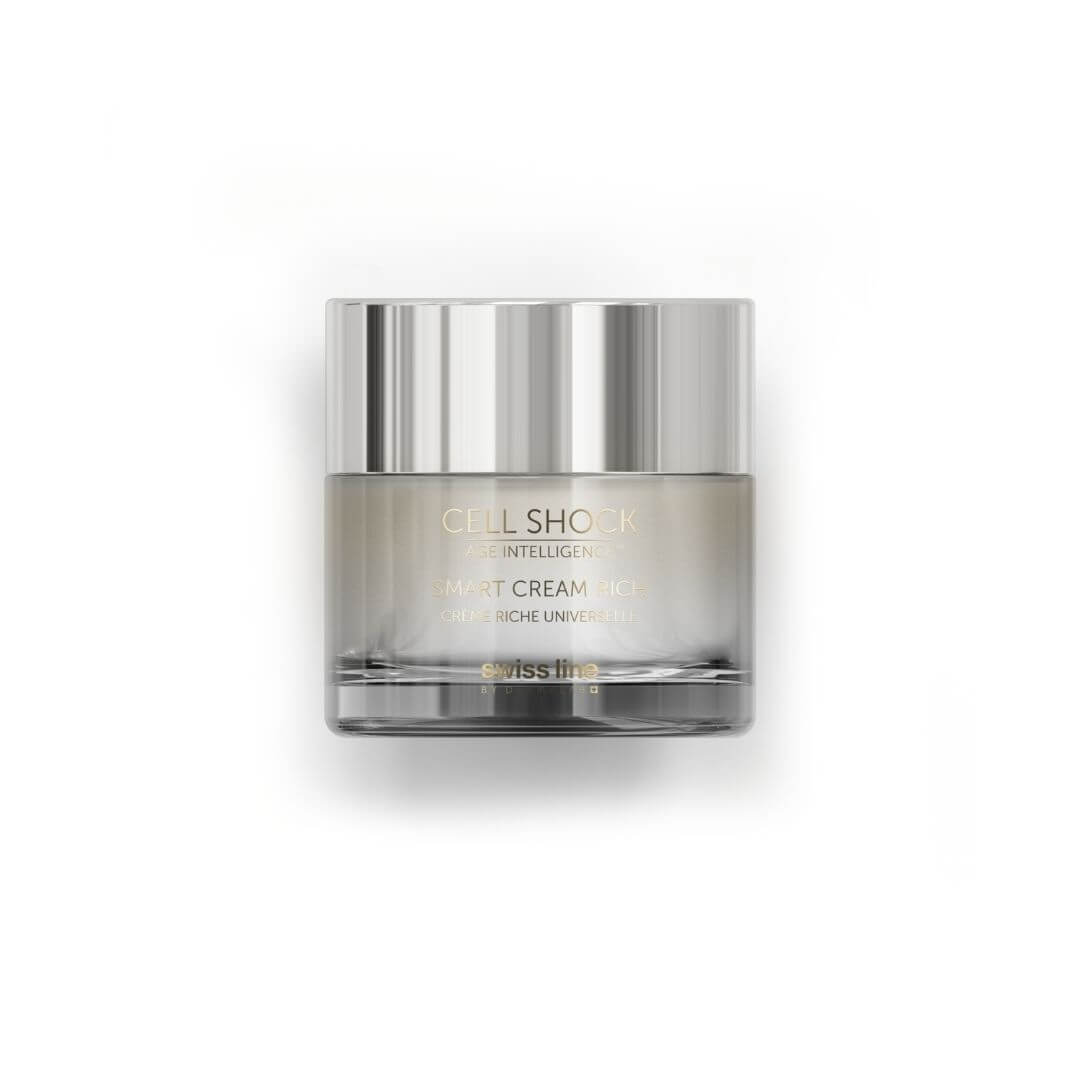 Smart Cream Rich Cell Shock de Swissline, crème universelle riche anti-âge en pot au fini élégant et luxueux.