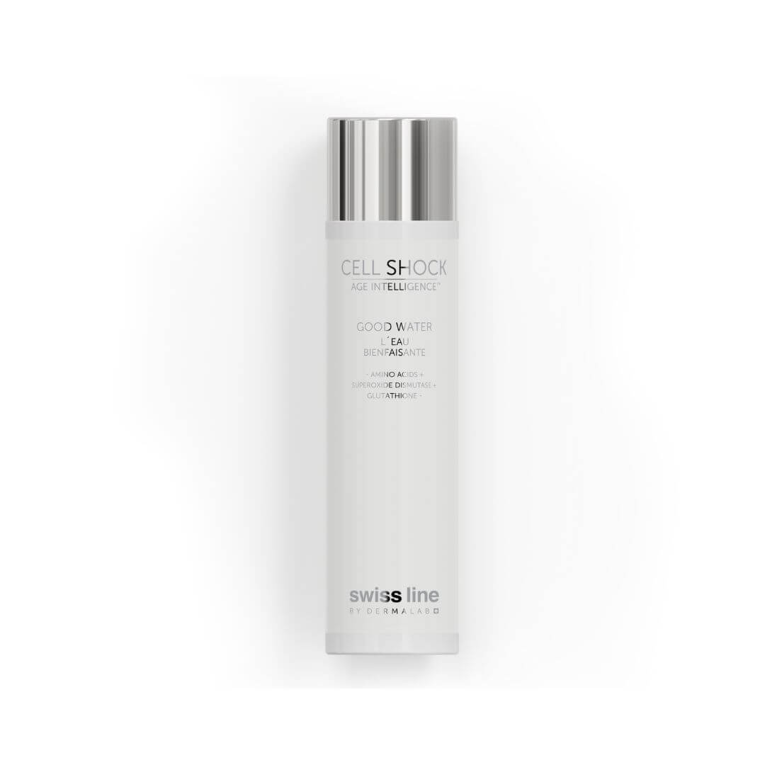 Eau bienfaisante Cell Shock de Swissline, lotion hydratante et apaisante pour renforcer la barrière cutanée et le confort de la peau.