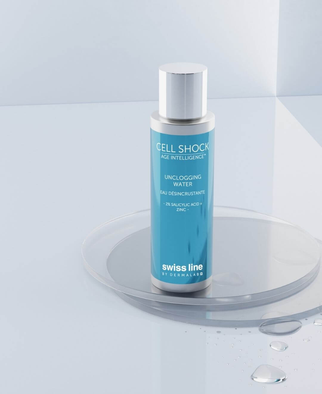 Eau désincrustante Cell Shock de Swissline, lotion purifiante au zinc et acide salicylique pour pores obstrués.