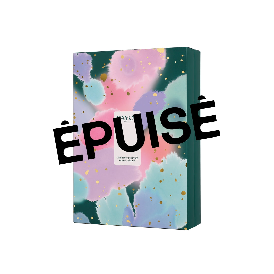 Coffret Calendrier de l’Avent PAYOT coloré avec mention “Épuisé”, édition limitée des fêtes 2025.