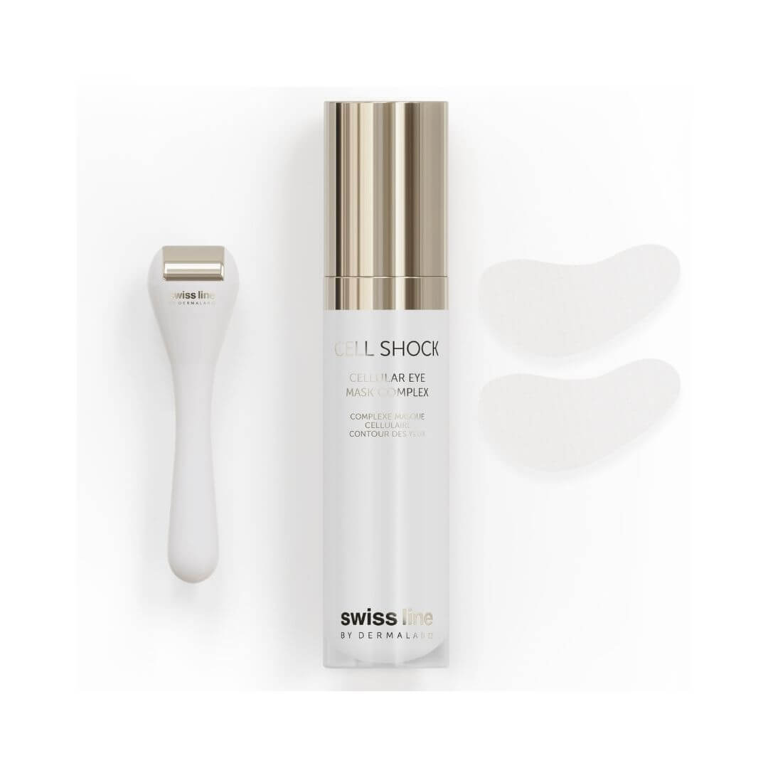 Masque contour des yeux Cell Shock Swissline avec applicateur et patchs oculaires pour lisser, hydrater et illuminer le regard.