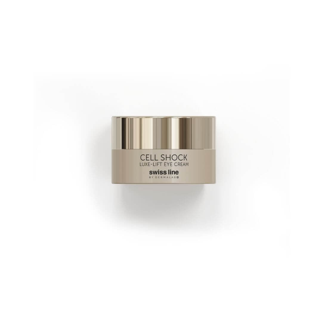 Crème contour des yeux Luxe-Lift Cell Shock Swissline, pot élégant beige et or, soin anti-âge pour lisser et raffermir le regard.