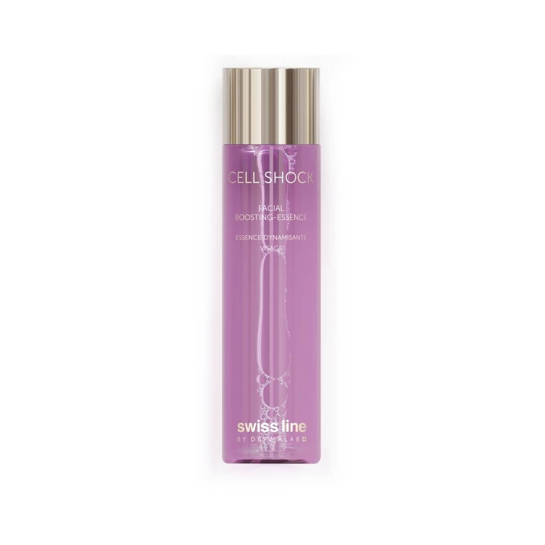 Essence revitalisante visage Cell Shock Swissline, lotion dynamisante en flacon violet pour peau éclatante.