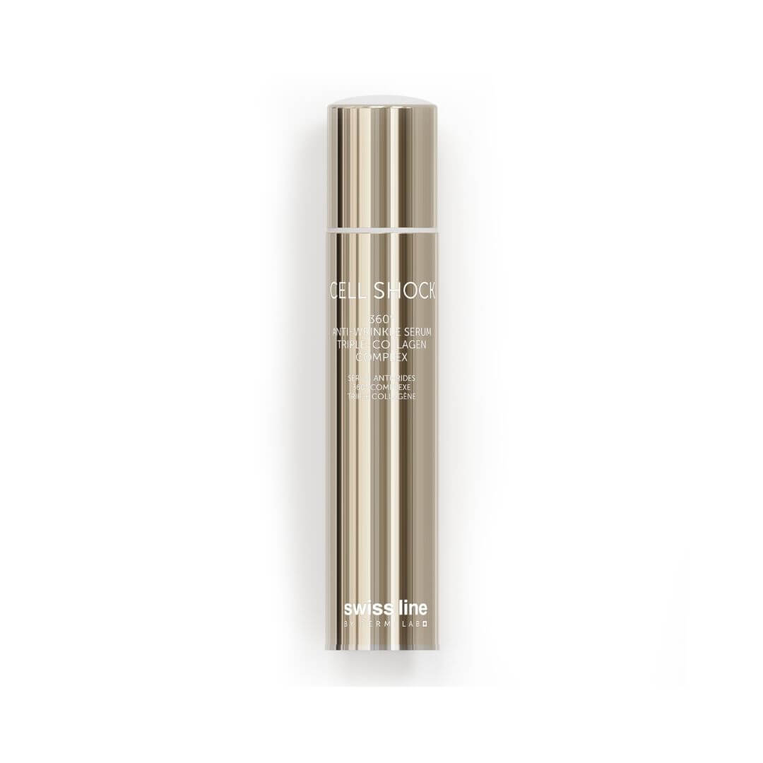 Sérum anti-rides Cell Shock Swiss Line 360° au complexe triple collagène pour lisser les rides, raffermir la peau et raviver l’éclat.