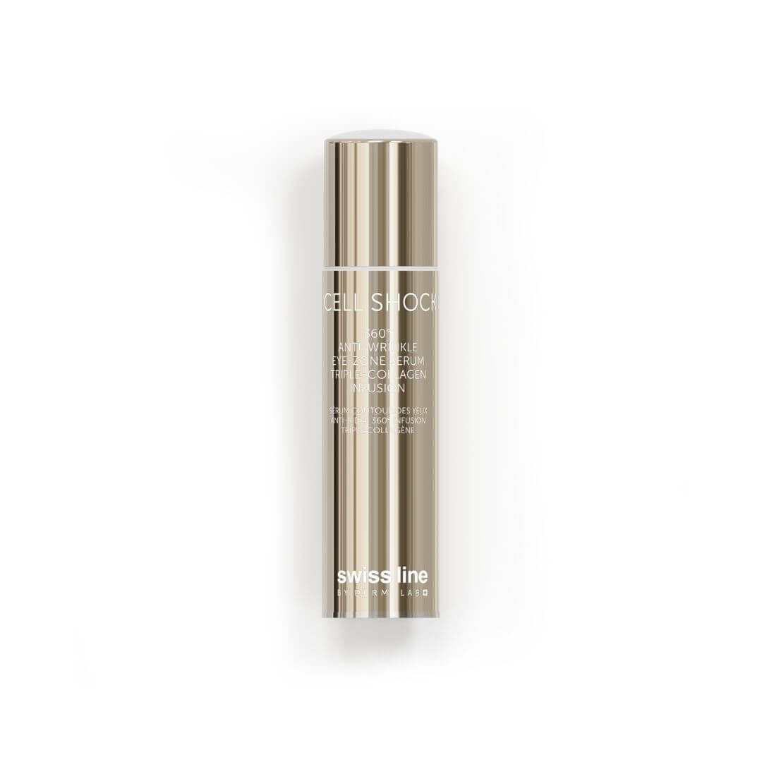 Sérum contour des yeux Cell Shock Swiss Line 360° au triple collagène pour lisser les rides, hydrater et revitaliser le regard.