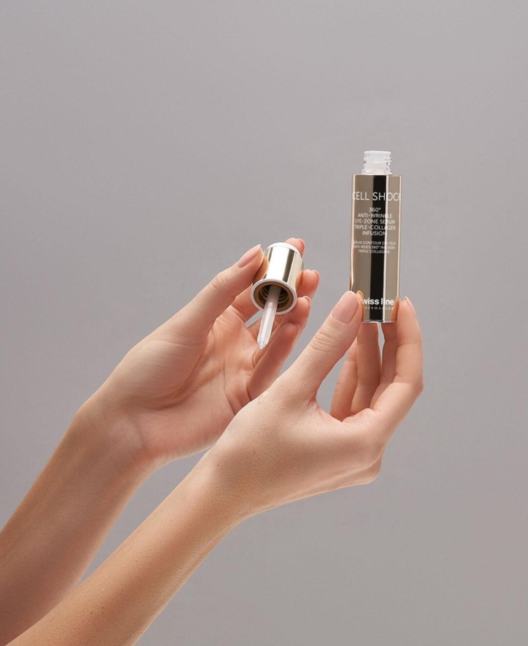 Sérum contour des yeux Cell Shock Swiss Line 360° au triple collagène pour lisser les rides, hydrater et revitaliser le regard.