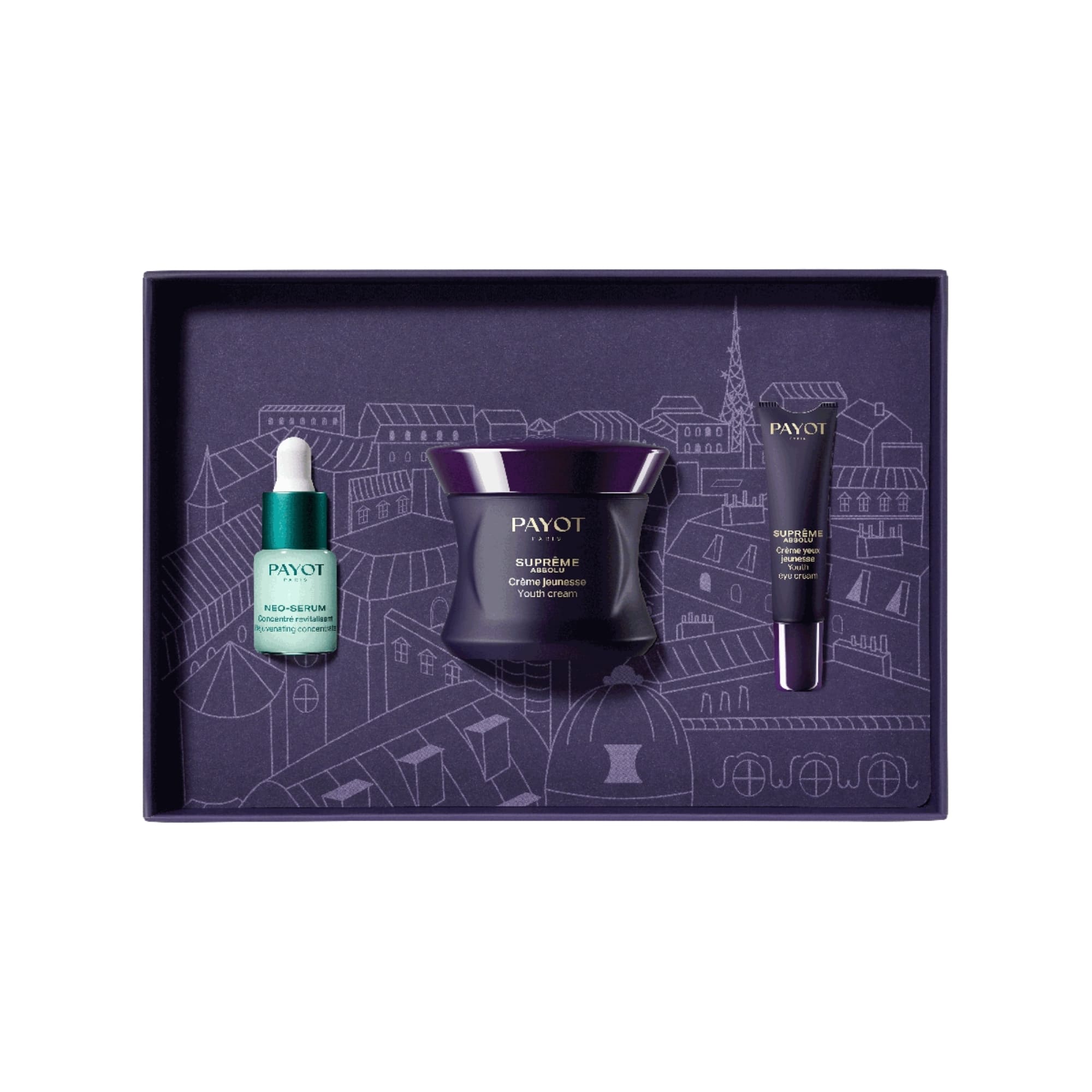 Coffret Suprême Absolu PAYOT avec Néo-Sérum, crème jeunesse et crème yeux, disponible sur la boutique en ligne de Concept Beauté.