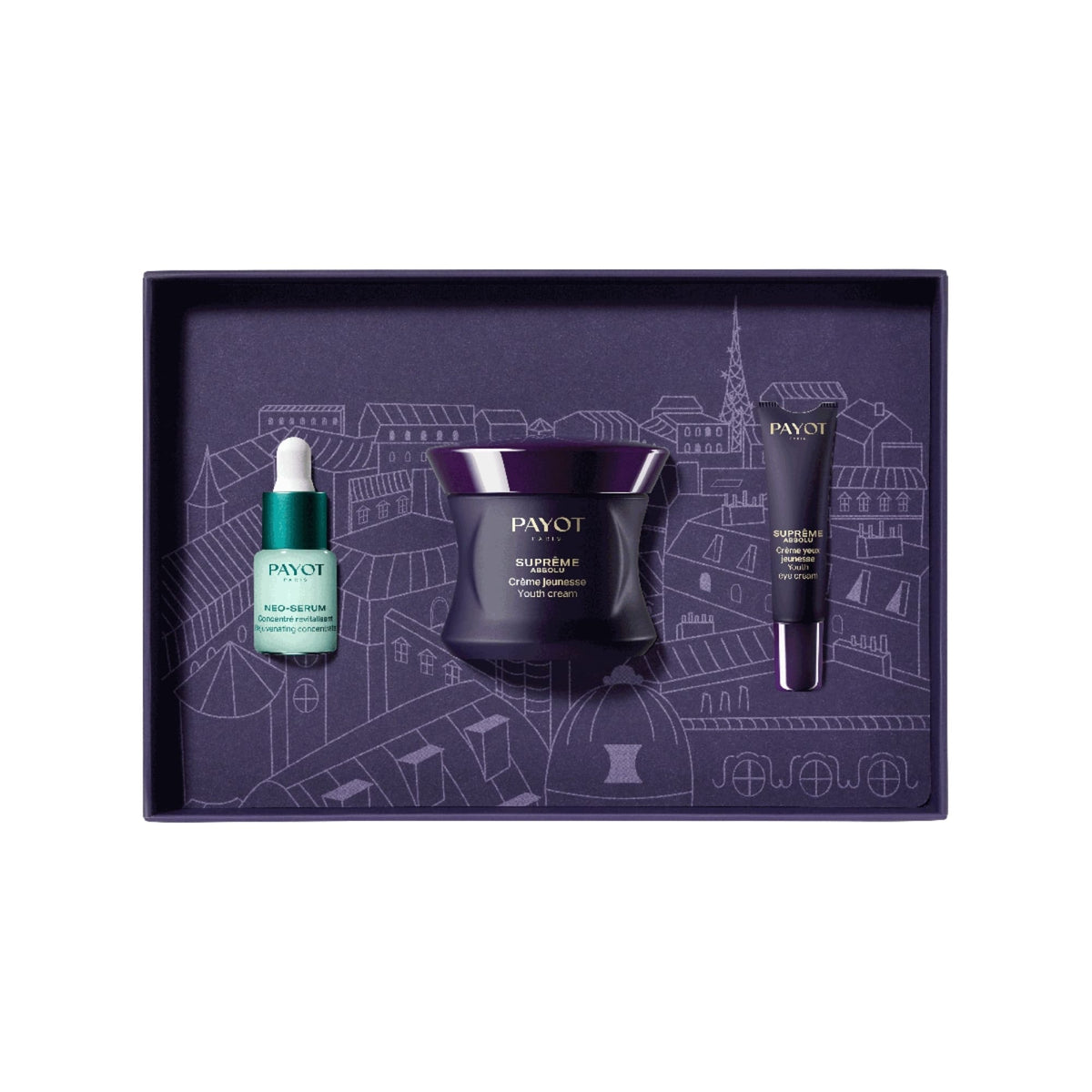 Coffret Suprême Absolu PAYOT avec Néo-Sérum, crème jeunesse et crème yeux, disponible sur la boutique en ligne de Concept Beauté.