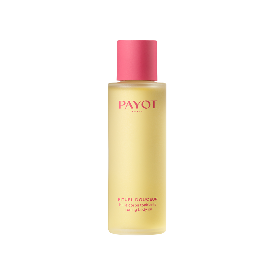 Flacon de l’Huile Corps Tonifiante Rituel Douceur de PAYOT sur fond blanc. Ce soin corps raffermissant est formulé pour tonifier, lisser et nourrir la peau en profondeur. Avec sa texture sensorielle et son fini non gras, cette huile est idéale après l’épilation ou une douche, pour retrouver une peau douce, souple et éclatante. Elle complète parfaitement une routine de soins corporels ciblés pour améliorer l’élasticité de la peau.