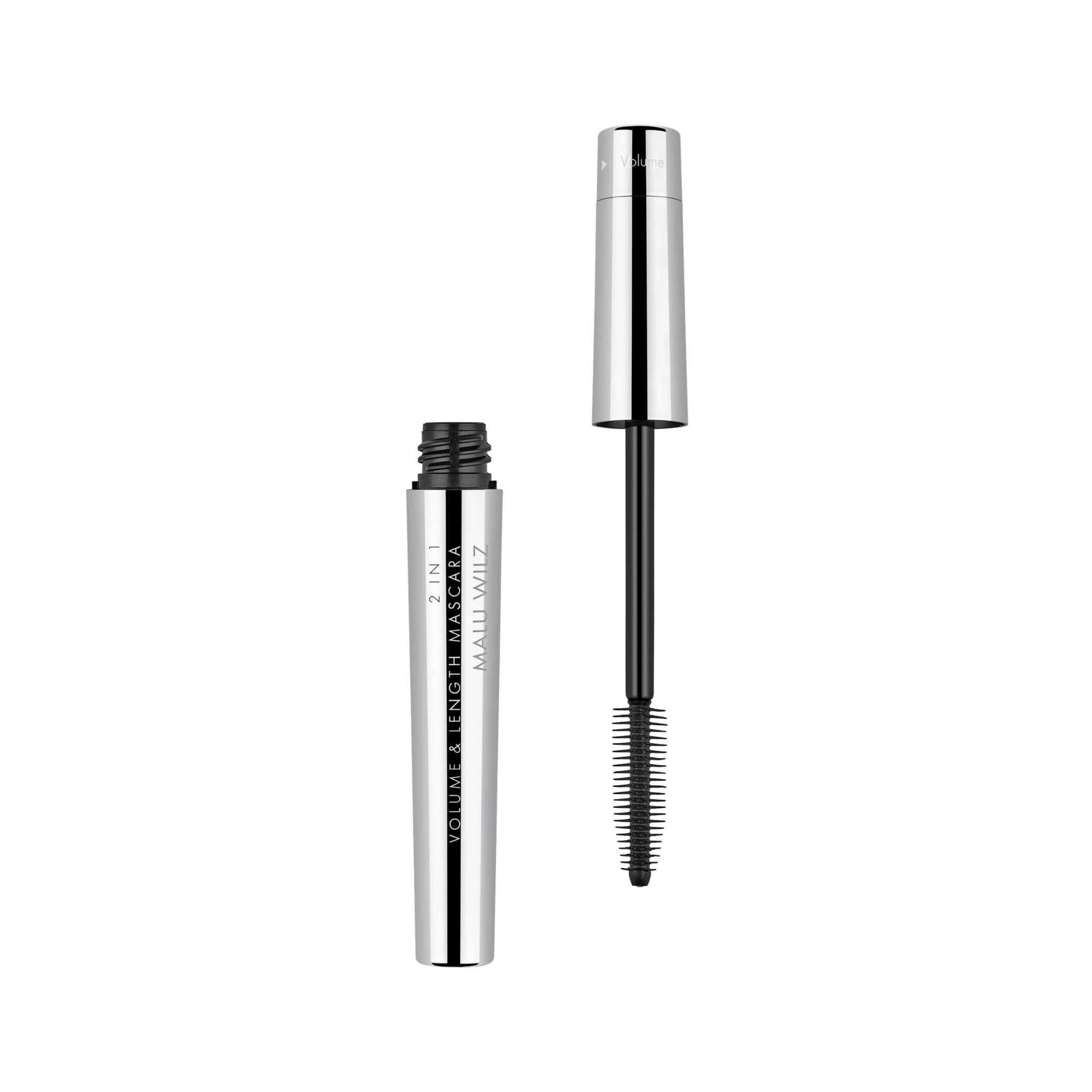 Mascara 2 en 1 Volume & Longueur MALU WILZ avec brosse rotative pour allonger, séparer et donner du volume aux cils – boutique en ligne Concept Beauté.