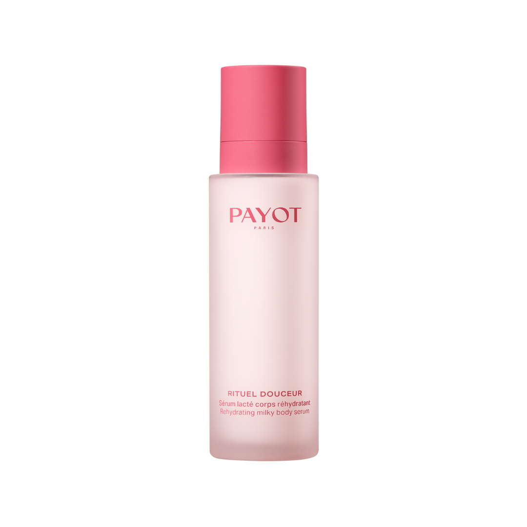 Flacon du Sérum Lacté Corps Réhydratant Rituel Douceur de PAYOT, présenté sur fond blanc. Ce soin corporel à la texture fluide et lactée hydrate intensément, apaise la peau après l’épilation ou l’exposition au soleil, et laisse un fini doux, non collant. Formulé pour restaurer le confort cutané, il pénètre rapidement et convient à tous les types de peaux. Idéal pour une routine beauté complète et sensorielle.