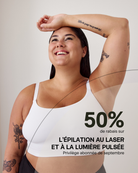 Femme souriante levant le bras, peau lisse et confiante, promotion exclusive pour les abonnées Concept Beauté. Offre privilège de septembre : 50 % de rabais sur l’épilation définitive au laser et à la lumière pulsée. Une solution durable pour éliminer les poils indésirables, libérer du rasoir et simplifier la routine beauté. Promotion réservée aux membres privilèges, disponible dans nos cliniques médico-esthétiques Concept Beauté à Cap-Rouge, Charlesbourg et Lac-Beauport ou sur la boutique en ligne.