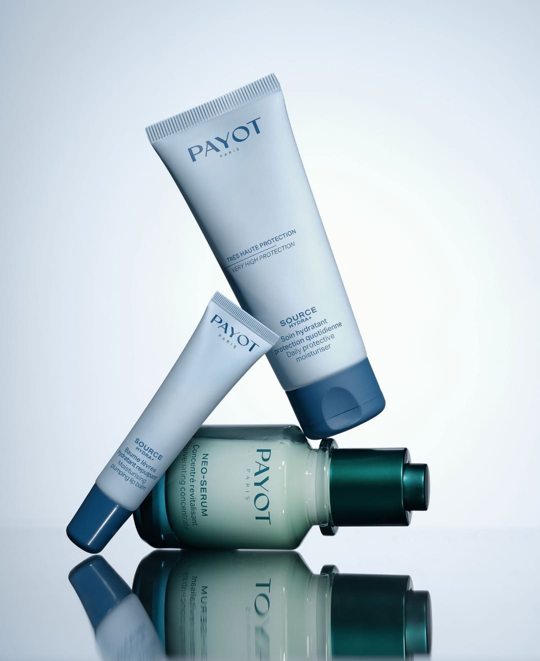 Routine hydratante PAYOT Source Hydra+ avec soin protecteur, baume lèvres et Néo-Sérum – Concept Beauté Québec.