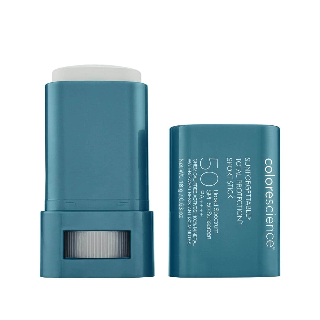 Bâton solaire Colorescience Sport Stick FPS 50, protection visage et zones sensibles, pratique extérieur, peau protégée et confortable, Concept Beauté Cap-Rouge, Charlesbourg et Lac-Beauport ou disponible sur la boutique en ligne de Concept Beauté