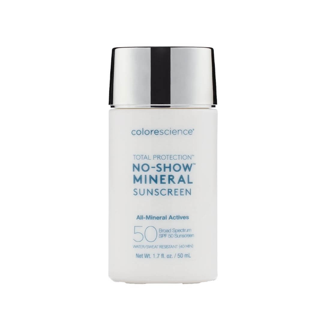 Écran solaire minéral Colorescience No-Show FPS 50, protection visage invisible, fini léger, peau protégée et lumineuse, Concept Beauté Cap-Rouge, Charlesbourg et Lac-Beauport ou disponible sur la boutique en ligne de Concept Beauté