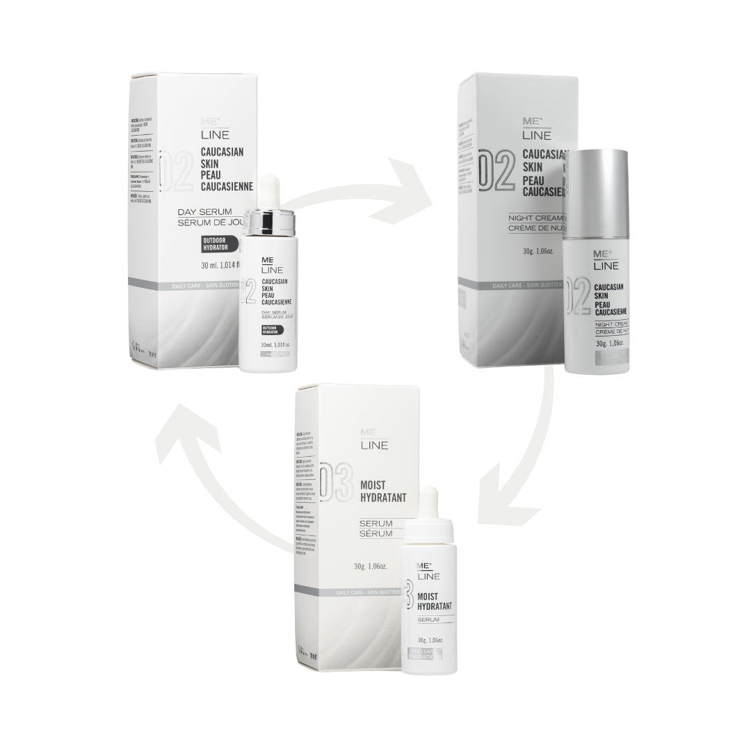 Trio ME LINE Peau Caucasienne, routine jour, nuit et hydratation pour corriger, uniformiser et illuminer le teint.