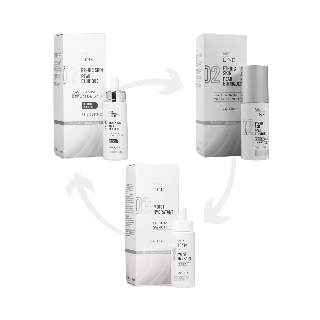 Trio ME LINE Peau Ethnique, routine jour, nuit et hydratation pour corriger, unifier et illuminer le teint.