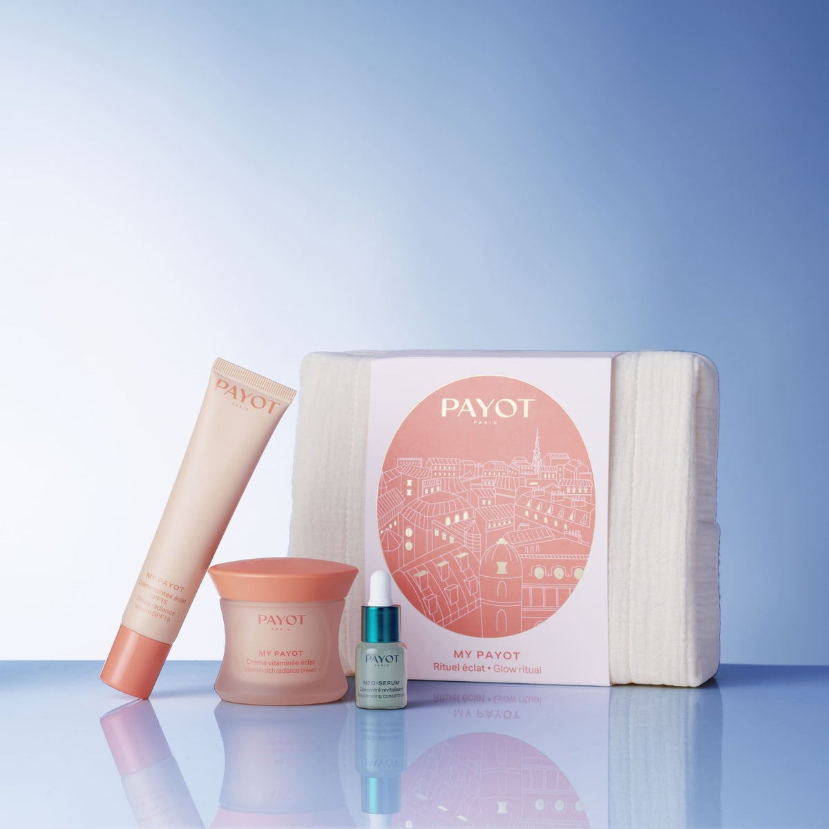 Trousse éclat My PAYOT avec crème vitaminée, crème teintée FPS 15 et Néo-Sérum, disponible sur la boutique en ligne de Concept Beauté.