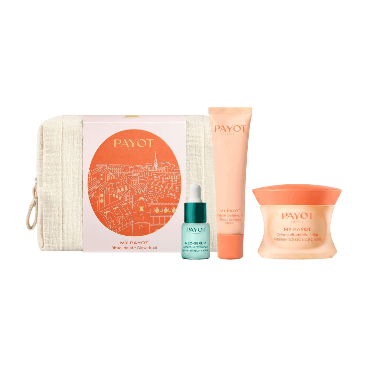 Trousse My PAYOT Rituel Éclat avec crème vitaminée, crème teintée et Néo-Sérum, disponible sur la boutique en ligne de Concept Beauté.